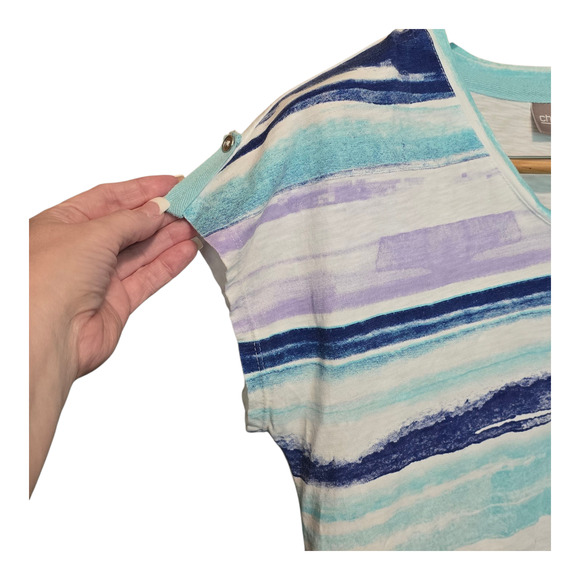 Chicos Top Womens Size Medium 1 Multicolor Stripe Short Sleeve Artsy Coastal - Picture 7 of 9